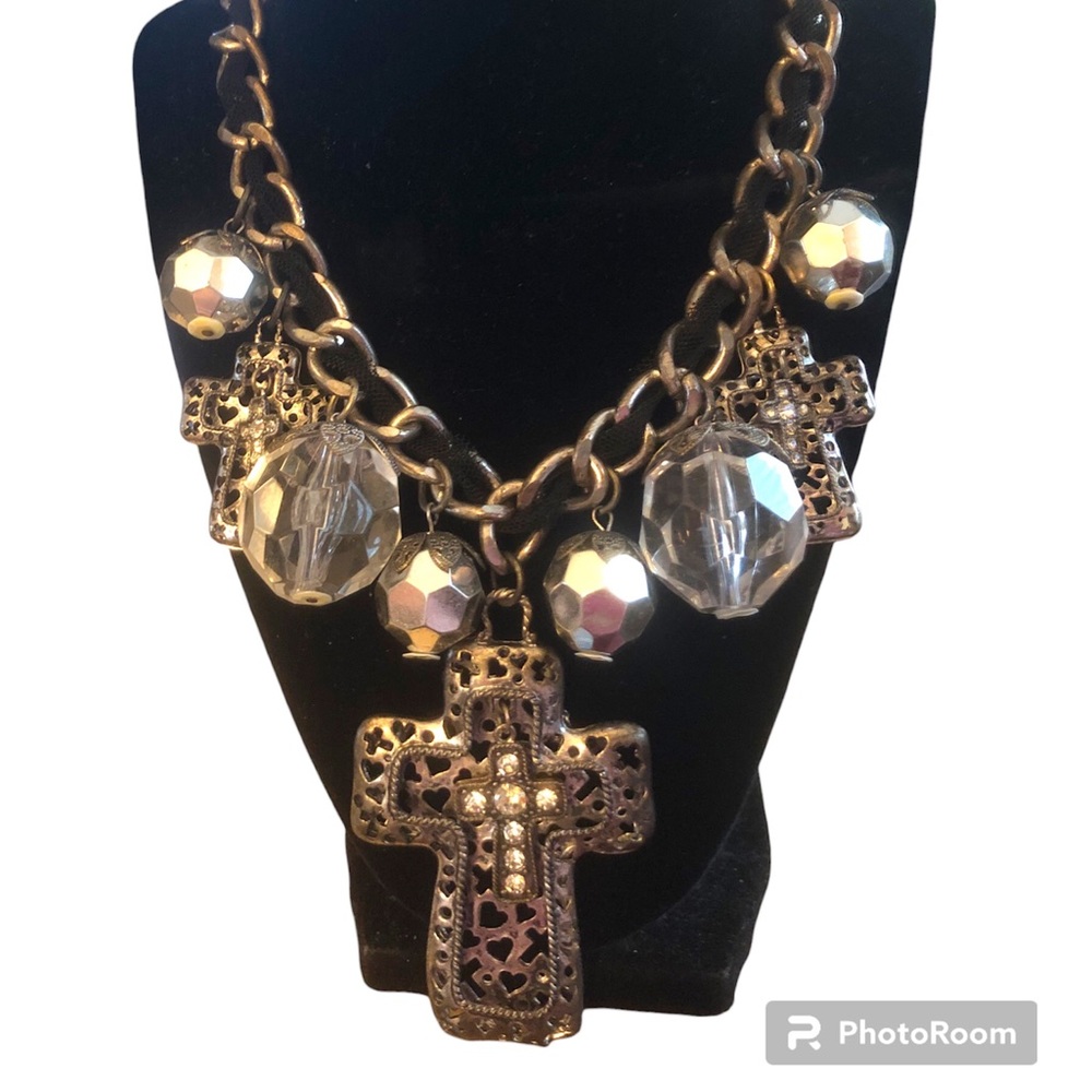 Punk Goth or‎ Vampire Goth Vintage Black Ribbon Crosses Dangle Necklace - Picture 2 of 14